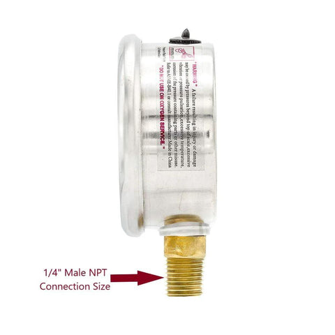 PIC Gauges PRO-201L-254A gauge with 1/4 in NPT bottom-mount brass connector and stainless steel case