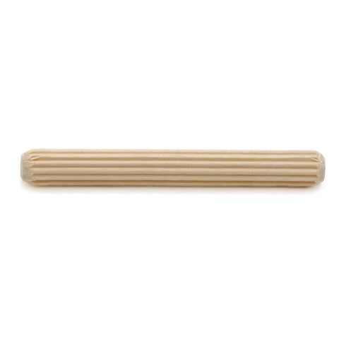 Heavy Duty Wooden Dowel Pins Six By Fifty Millimeter Straight Shot Replacement For Flat Pack Furniture And Wobbly Shelves, beige hardwood pin close-up.