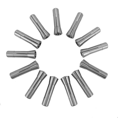 R8 Precision Pro Grade Round Collet Set, 13 Piece, 65Mn Steel, displayed in a circular arrangement, showing various sizes.