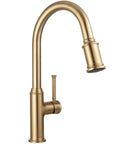 Sharp Looking Champagne Gold Kitchen Faucet With Pull Down Sprayer And Single Handle Mixer Designed For No Sweat Installation And A Classy Vibe In Your Kitchen, showing the elegant spout and pull-down sprayer.
