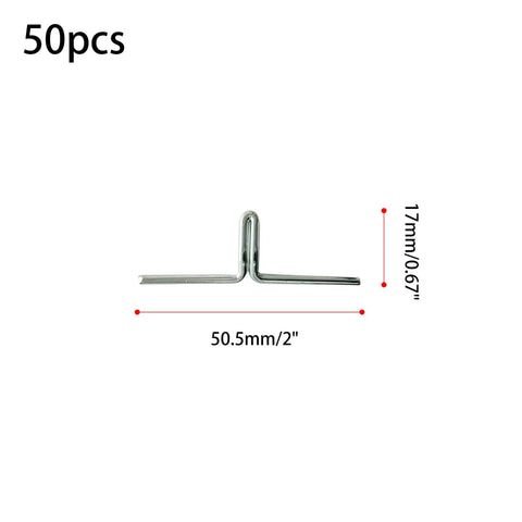 50 Pack Lawn Chair Webbing Clips Made From Metal Spring Alloy, shown in silver with dimensions 50.5mm x 17mm for furniture repair