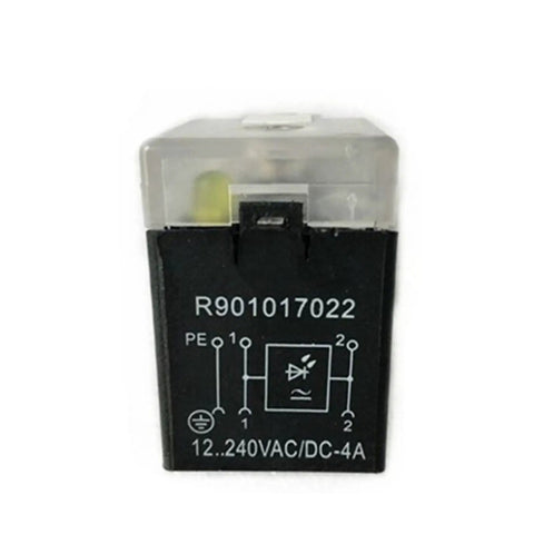 Heavy Duty Solenoid Valve Plug Coil R901017022 Proportional Valve Replacement With Bright Indicator Light front view with labels.