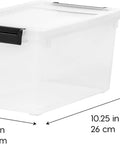 Heavy Duty Clear Plastic Storage Bins With Lids 6 Pack 4 Quart Polypropylene container showing dimensions and transparent design.