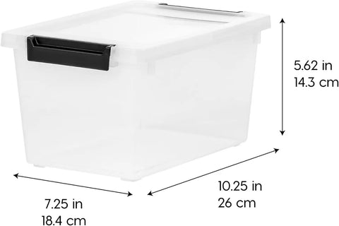 Heavy Duty Clear Plastic Storage Bins With Lids 6 Pack 4 Quart Polypropylene container showing dimensions and transparent design.