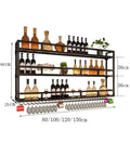 Industrial wall-mounted shelf unit with multiple bottle and glass holders, black metal frame, measuring 80/100/120/150cm wide, 90cm high.