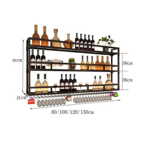 Industrial wall-mounted shelf unit with multiple bottle and glass holders, black metal frame, measuring 80/100/120/150cm wide, 90cm high.