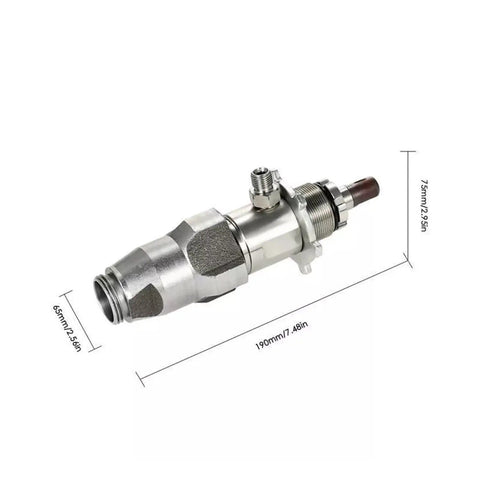 Pro Grade Airless Paint Sprayer Featuring Jet Pump Engine, close-up of nozzle with dimensions, made of durable metal, for smooth finishes.