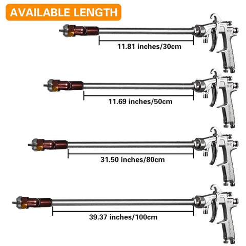 Heavy Duty Extension Rod Spray Gun With Stainless Handle And Solid Brass Tips Delivers A Smooth Flawless Finish Using Adjustable 1 5 1 8 Or 2 5 MM Nozzles Comes Loaded With A Roomy Two Liter Paint Cup And Pressure Regulator Ready For No Sweat Furniture showing length options of 30cm, 50cm, 80cm, and 100cm.