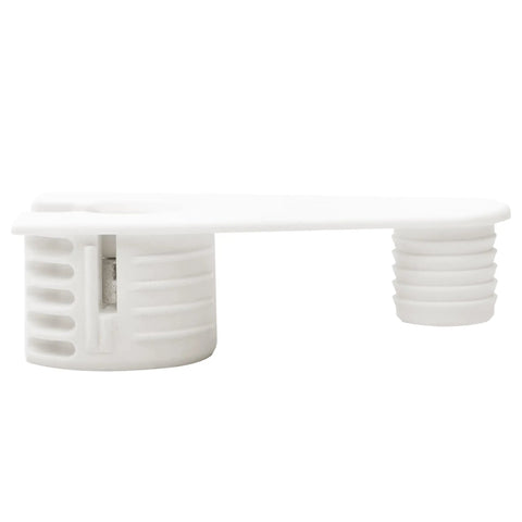 100 Pack Dead Reliable Cam Connectors For 19 Mm Panels With Ridge Drop In Cam Lock Nut furniture fasteners in white finish profile view.