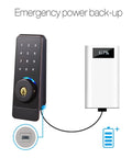 Top Tier Smart Door Lock With Waterproof Keypad And App Remote Access showing emergency power back-up connection.