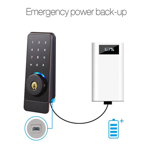 Top Tier Smart Door Lock With Waterproof Keypad And App Remote Access showing emergency power back-up connection.