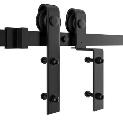 Close-up of black carbon steel rollers and track from 8.2Ft Bypass Sliding Barn Door Hardware Kit For Double Doors With Low Ceiling And Overlapping Tracks