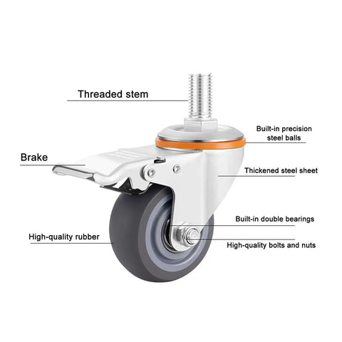 Detailed labeled image of Heavy Duty Swivel Caster Wheels With M Threaded Stem And Top Plate, Brake, showing components