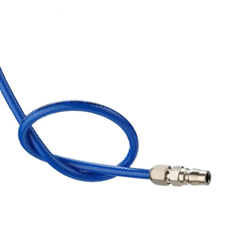 Heavy Duty PU Pneumatic Hose With Reinforced Fiber Core For High Pressure Air Compressor Systems 12 Mm Tube 8 Mm Bore 30 Meter Length close-up view with metal fitting.