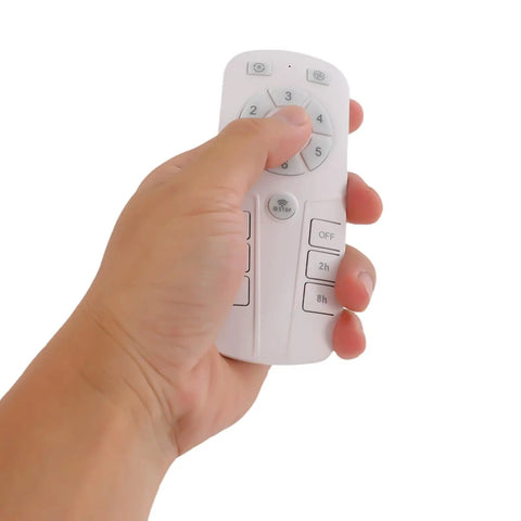 Hand holding the remote control for Vintage Industrial Caged Ceiling Fan Light Fixture with Remote,7-Blade Fan.