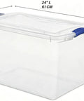 Super Sized 66 Quart Clear Plastic Storage Bins With Lids Stackable Heavy Duty Totes for clothing; dimensions shown, blue latches visible.
