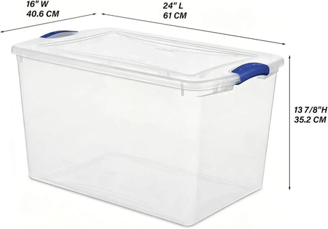 Super Sized 66 Quart Clear Plastic Storage Bins With Lids Stackable Heavy Duty Totes for clothing; dimensions shown, blue latches visible.
