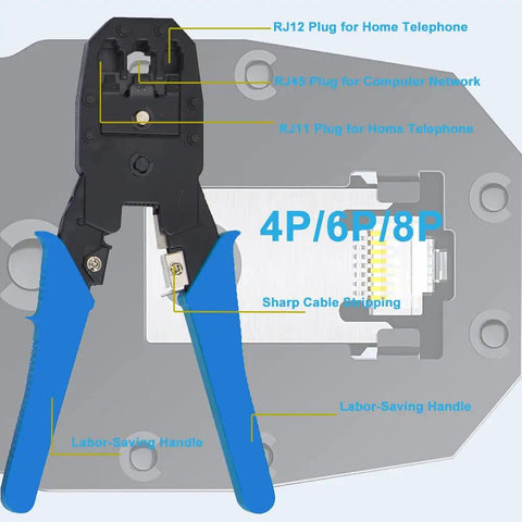Built Like A Tank Network Tool Kit Set Featuring Cable Tester Heavy Duty Wire Stripper And Cutter Coax RJ45 Crimper Punch Down Driver For Cat5 Cat6 Ethernet Cables Orange with blue handles and sharp stripping tool.