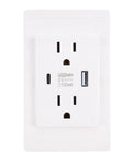 White 15A Duplex Electrical Receptacle Outlet With Wall Plate And Dual USB Charging Ports, front view with USB ports.