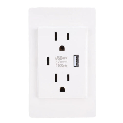 White 15A Duplex Electrical Receptacle Outlet With Wall Plate And Dual USB Charging Ports, front view with USB ports.