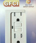 50 Pack 15 Amp GFCI Outlet Receptacles Built Tough For No Sweat Setup Featuring Tamper Resistant Shutters And Bright Status Lights Contractor Grade Wall Sockets With Included Faceplates In Classic White showing GFCI self-test outlet in packaging.