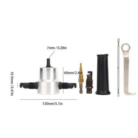 6 Pcs Double Head Metal Sheet Nibbler Cutter Drill Attachment Kit parts with measurements for thin metal cutting and auto repairs.