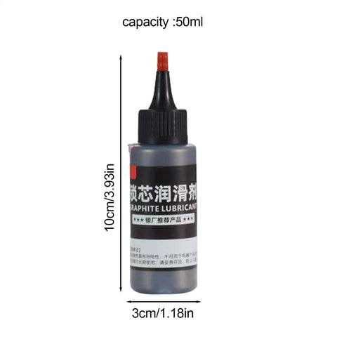 Natural Graphite Powder Lubricant 50ml dry lube needle tube shown with measurements for portable locks