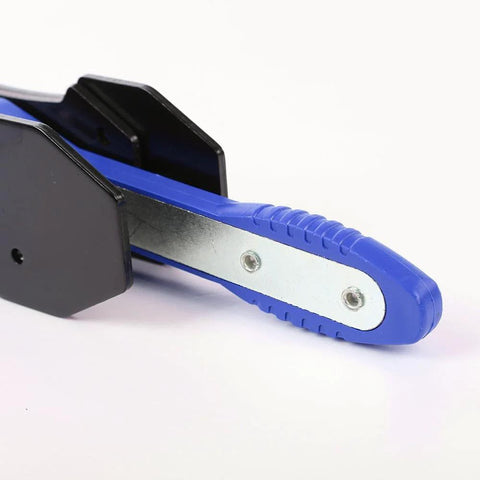 Side view of G-PLUS 360° brake caliper press tool with blue handle and steel plate for automotive brake repair