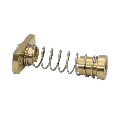 Side view of Two Pack T8 Anti Backlash Brass Nut Set for 8mm Lead Screws showing brass nut with spring, compatible with Ender 3 printers.