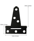 Close-up of 2 inch adjustable T-shape door hinge in black iron, quiet close, for light duty, smooth operation inside and outside use.