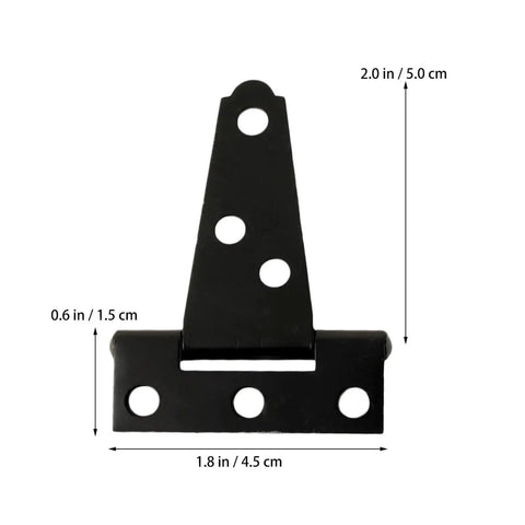 Close-up of 2 inch adjustable T-shape door hinge in black iron, quiet close, for light duty, smooth operation inside and outside use.