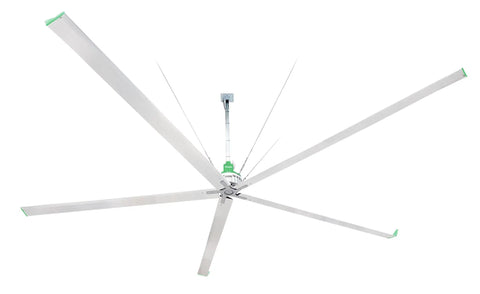 Industrial Grade 24 Ft HVLS Ceiling Fan With Built In VFD Brushless Motor and Remote Control, overhead view showing fan blades.
