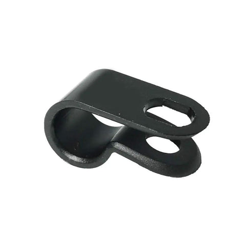 Close-up view of R Type Cable Clip One Quarter Inch Nylon Screw Mount Cable Clamp Set for wire management, single clamp in focus.