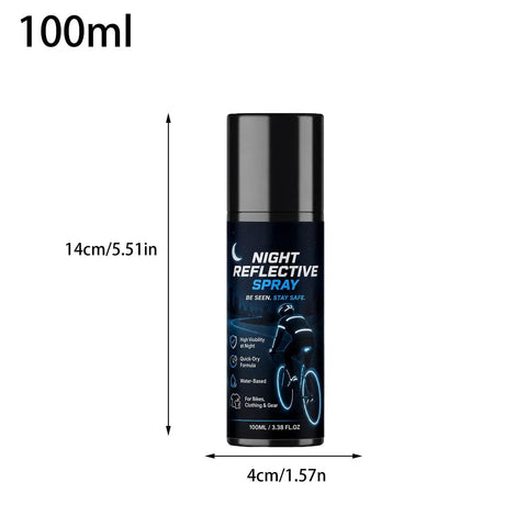 Night Reflective Spray 100ml Safety Fluorescent Paint Invisible Daytime bottle with measurements, showcasing reflective features.