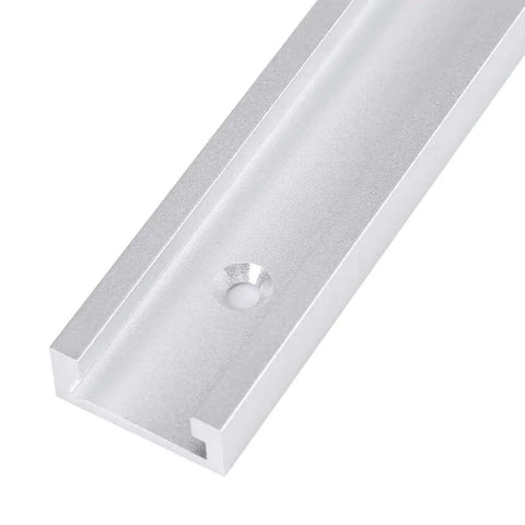 Close-up of Aluminum T Slot Track 300mm for woodworking workbenches and machines, precision guide rail, durable alloy construction.