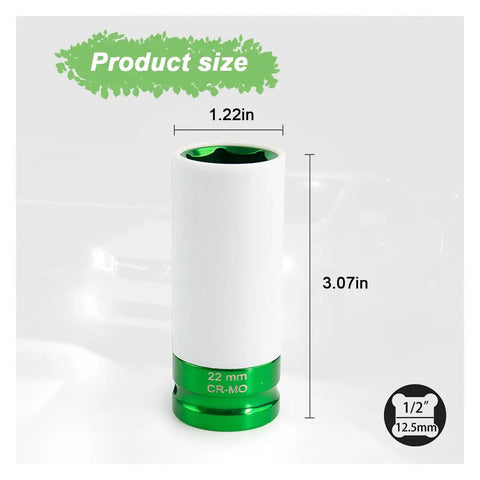 22mm chrome steel Heavy Duty Half Inch Drive 22 Mm Lug Nut Impact Socket Featuring A Scratch Proof Protective Sleeve for easy handling.