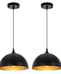 Two Pack Black And Gold Dome Farmhouse Pendant Lights For Kitchen Island And Dining Room, shown in black with gold interior accents.