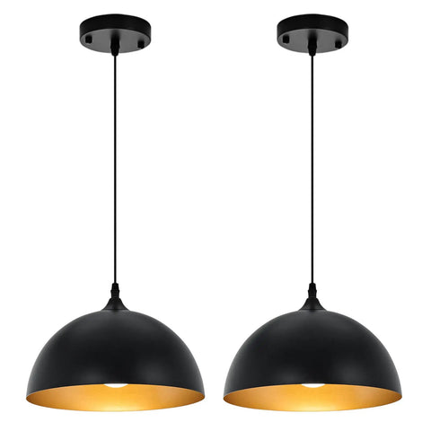 Two Pack Black And Gold Dome Farmhouse Pendant Lights For Kitchen Island And Dining Room, shown in black with gold interior accents.