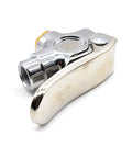 VL700 Two Way Lever Valve with one quarter inch NPT female inlets and outlets, chrome plated die cast body, brass parts, side view