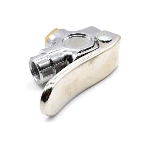 VL700 Two Way Lever Valve with one quarter inch NPT female inlets and outlets, chrome plated die cast body, brass parts, side view