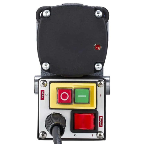 Control panel of Badass Low Profile Magnetic Drill Press with operational buttons for motor and magnet.