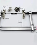 Heavy Duty Multi Functional Welding F Clamp For Pipe And Flat Plate Alignment With Quick Change Jaws shown with dimensions and jaw pads.