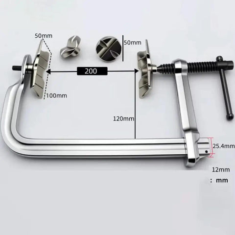 Heavy Duty Multi Functional Welding F Clamp For Pipe And Flat Plate Alignment With Quick Change Jaws shown with dimensions and jaw pads.