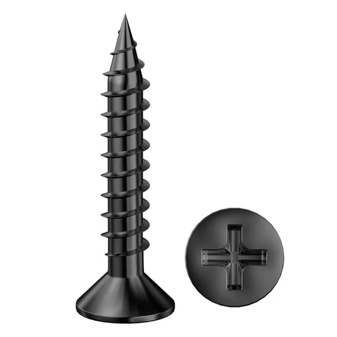 M3.5 Black Flat Head Wood Screws Featuring Phillips Drive for quick furniture fixups and woodworking builds, self tapping steel.