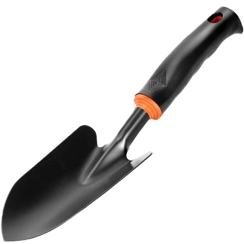 Heavy Duty Garden Trowel With Ergonomic Non Slip Grip Rust Resistant Finish for planting, black steel blade with orange accent