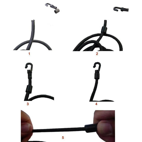 Heavy Duty One Quarter Inch By Twenty Five Feet Elastic Bungee Cord for kayaks, showing black cord with hooks and close-up detail.