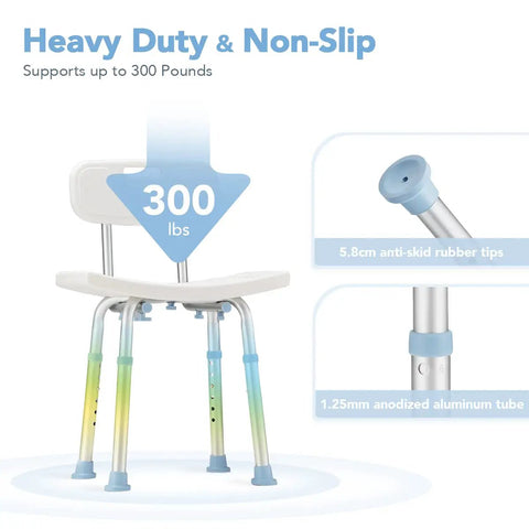 Adjustable Bathtub Shower Chair With Removable Back No Fuss Tool Free Assembly Anti Slip Bath Stool Fits Up To 300 Lbs Perfect For Seniors Elderly Handicap And Disabled Easy Height Range 15.5 To 19.5 Inches with heavy duty non-slip features and 300 lbs support