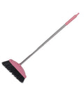 Legit Heavy Duty Pink Broom With Sturdy Steel Handle And Ultra Soft Bristles For Zero Sweat Indoor And Outdoor Floor Cleanup Compact Reusable Dust Brush That Really Cleans, angled view showing its durable design.