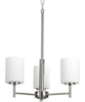 Replay Collection Etched White Glass Modern Chandelier Light, 3 Light, Polished Nickel Finish, minimalist ceiling fixture.
