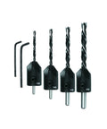 Brad Point Drill And Countersink Combo Set, 4 Piece Woodworking Kit One Eighth To One Quarter Inch With 90 Degree HSS Countersinks, Includes Two Hex Keys, Made In Austria